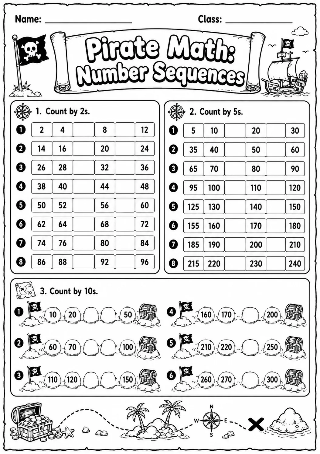 Pirate Math: Number Sequences Worksheet Pack page 4 printable Pirate Math preview