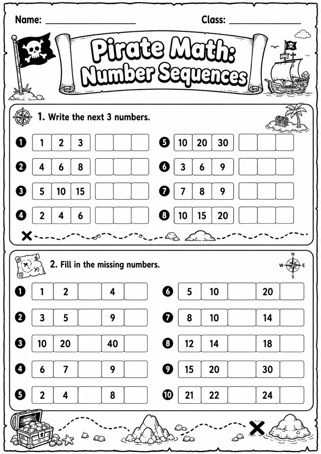 Pirate Math: Number Sequences Worksheet Pack page 5 printable Pirate Math preview
