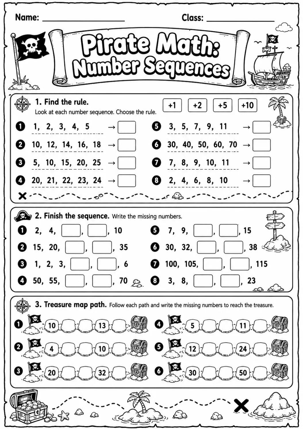 Pirate Math: Number Sequences Worksheet Pack page 6 printable Pirate Math preview