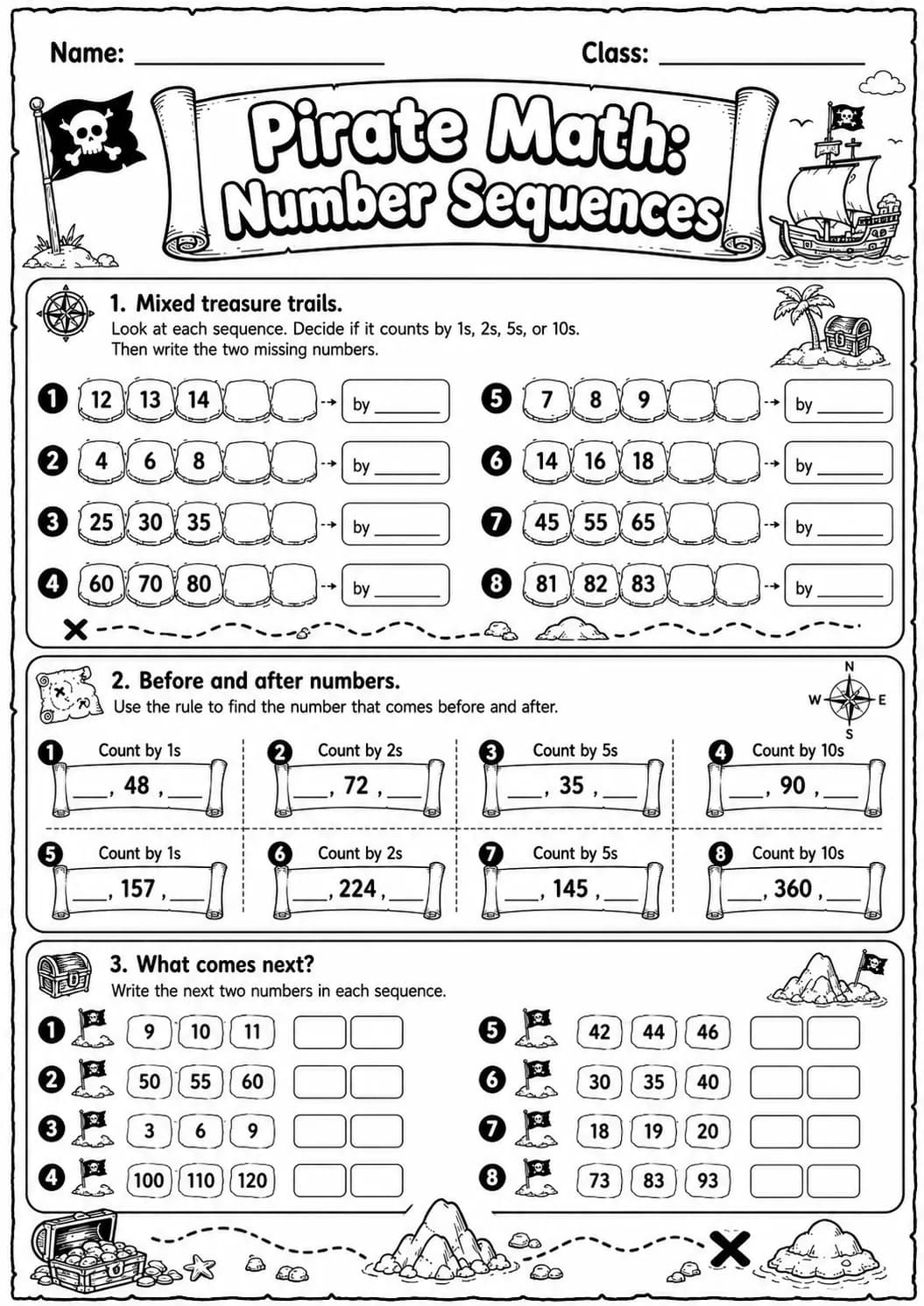 Pirate Math: Number Sequences Worksheet Pack page 7 printable Pirate Math preview