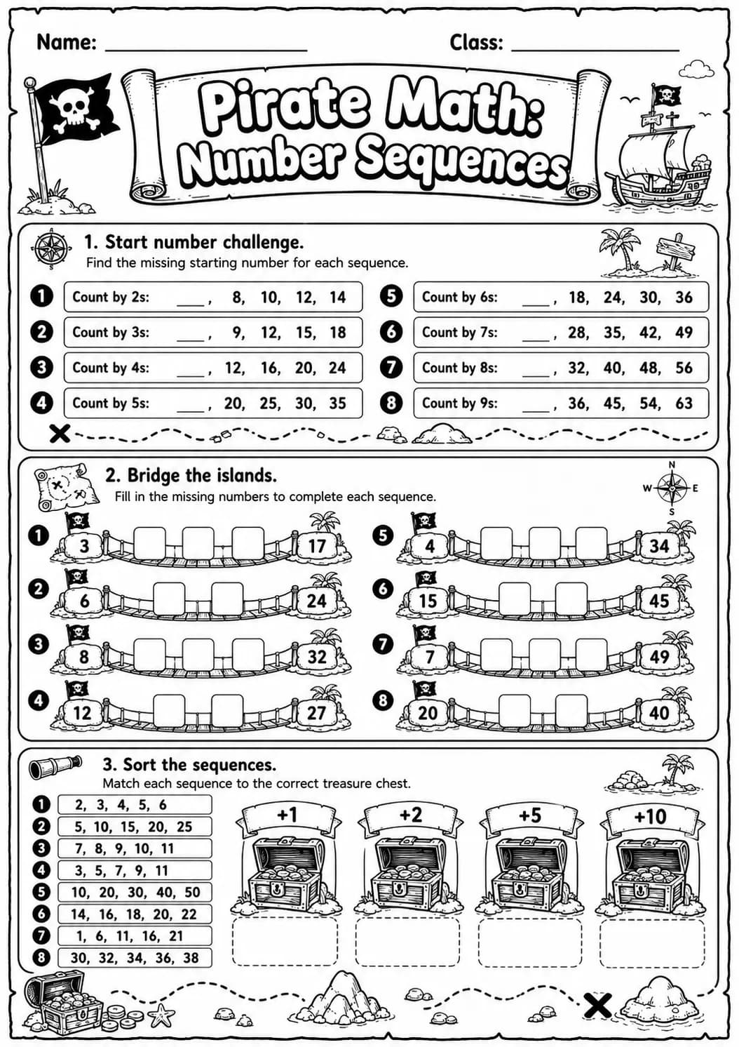 Pirate Math: Number Sequences Worksheet Pack page 8 printable Pirate Math preview