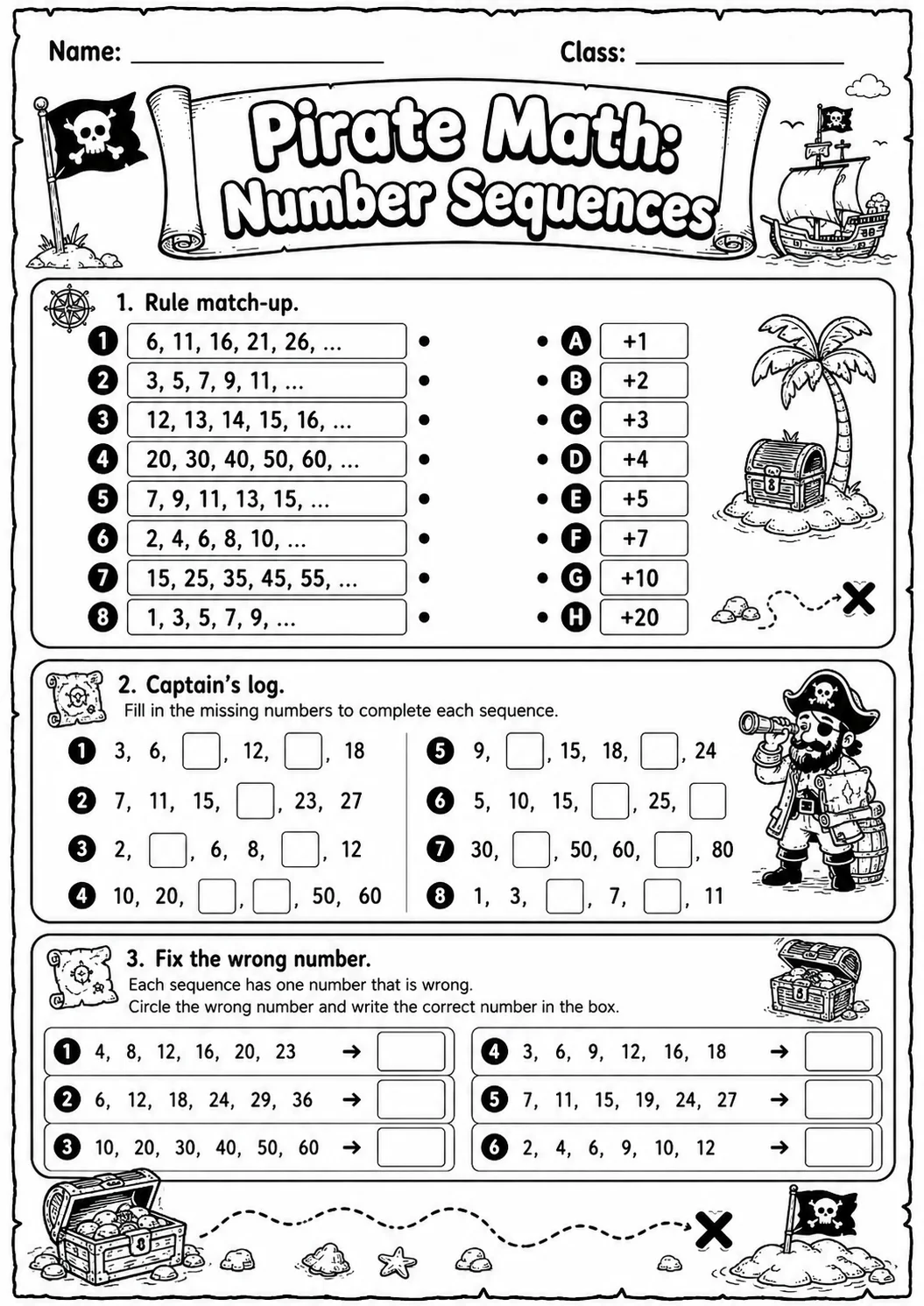 Pirate Math: Number Sequences Worksheet Pack page 9 printable Pirate Math preview