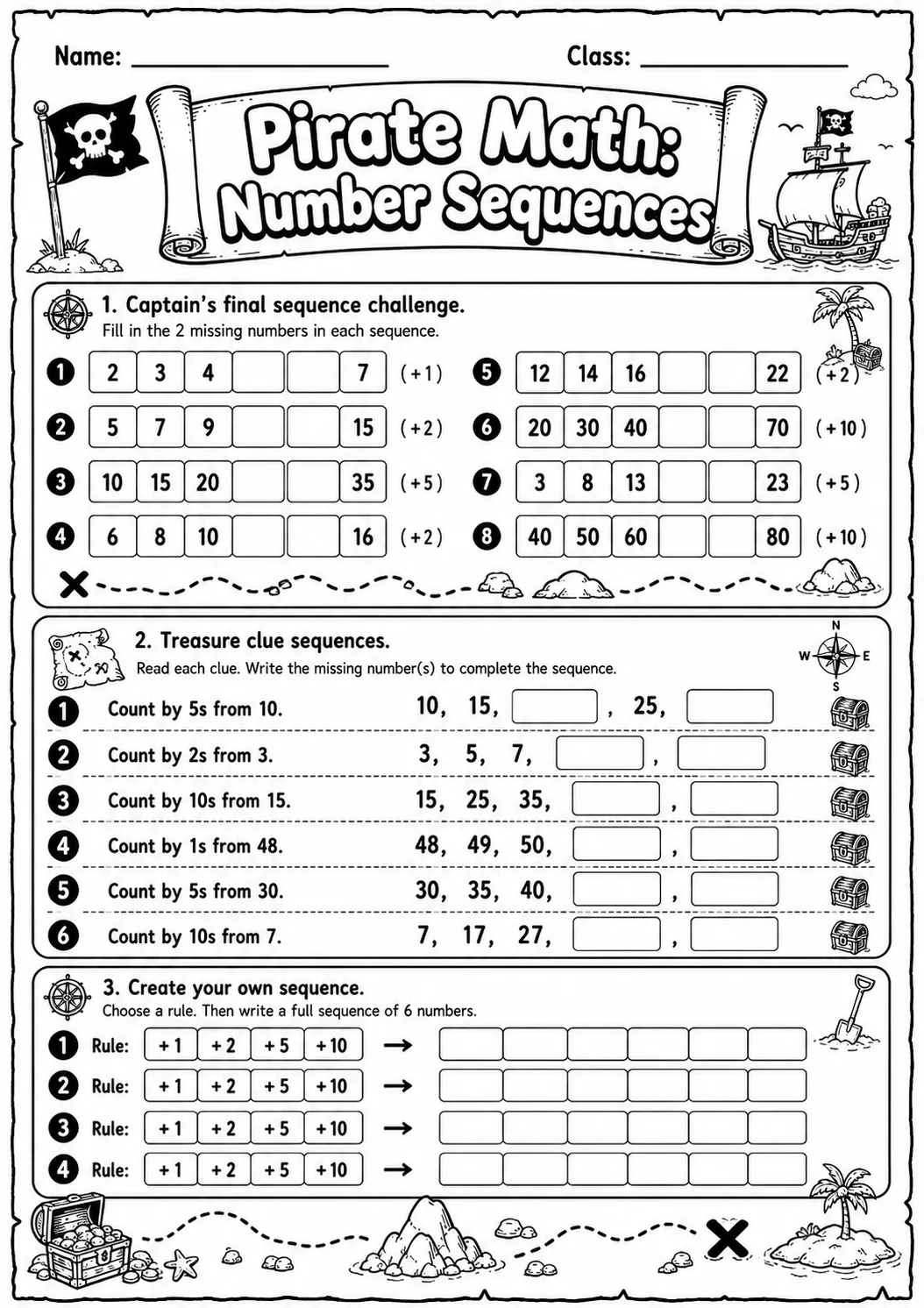 Pirate Math: Number Sequences Worksheet Pack page 10 printable Pirate Math preview