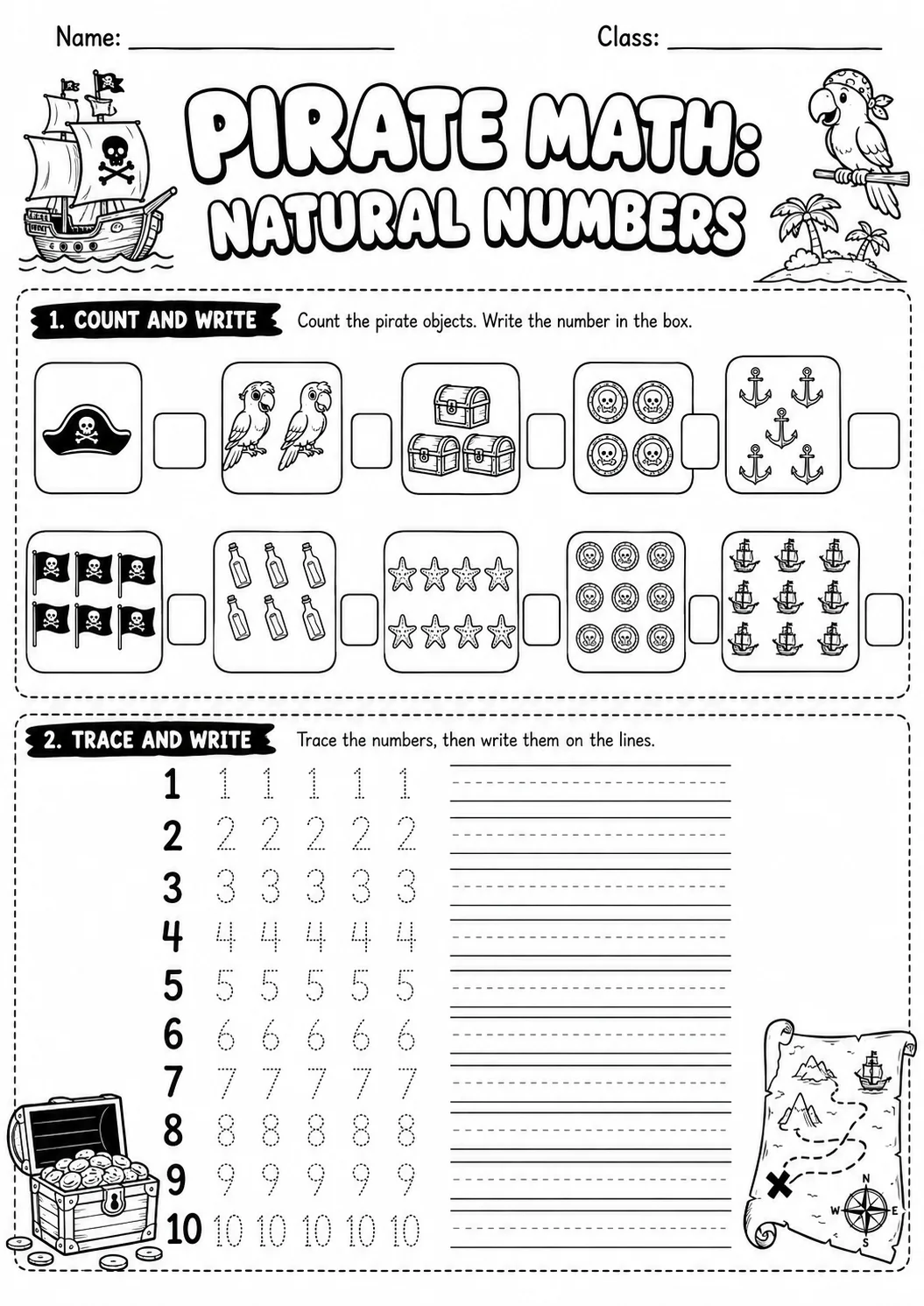 Pirate Math: Number Sequences Worksheet Pack printable Pirate Math worksheet preview from KiwiBee
