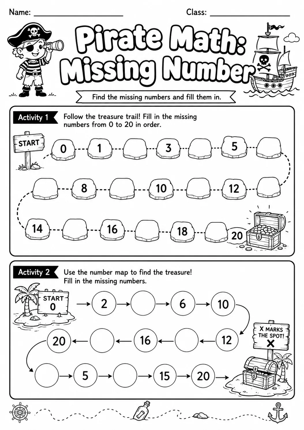 Pirate Math: Number Sequences Worksheet Pack printable Pirate Math worksheet preview from KiwiBee