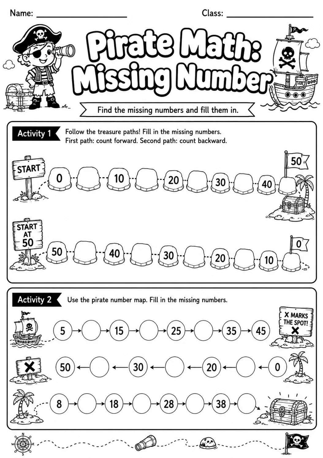 Pirate Math: Number Sequences Worksheet Pack page 2 printable Pirate Math preview