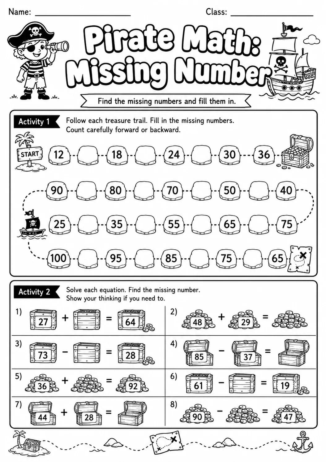 Pirate Math: Number Sequences Worksheet Pack page 4 printable Pirate Math preview