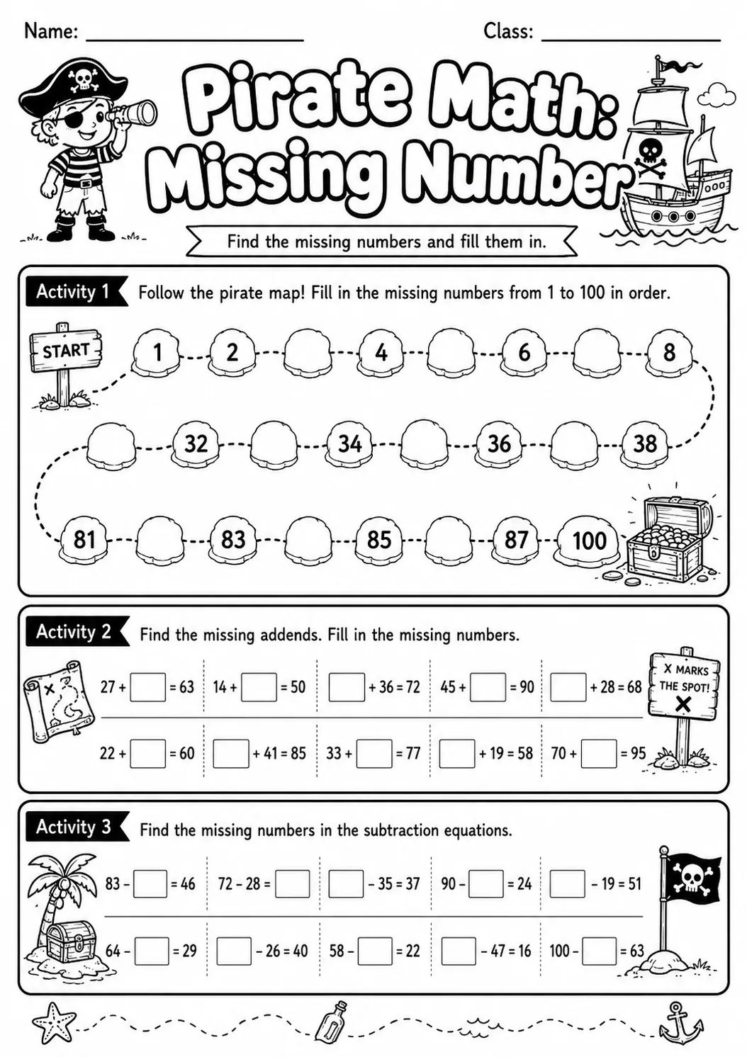 Pirate Math: Number Sequences Worksheet Pack page 5 printable Pirate Math preview