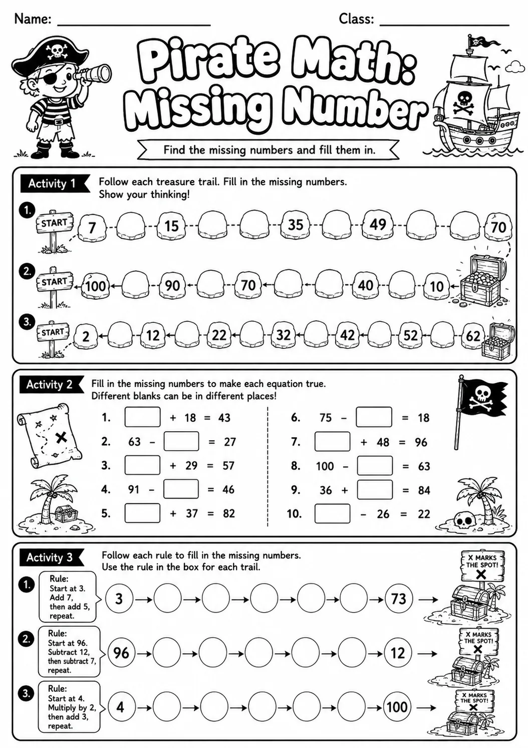 Pirate Math: Number Sequences Worksheet Pack page 7 printable Pirate Math preview