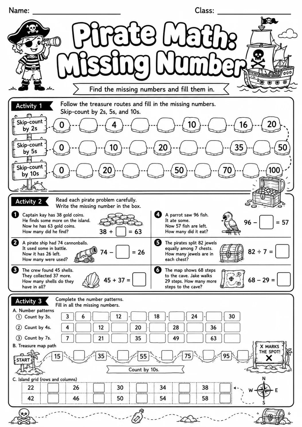 Pirate Math: Number Sequences Worksheet Pack page 8 printable Pirate Math preview