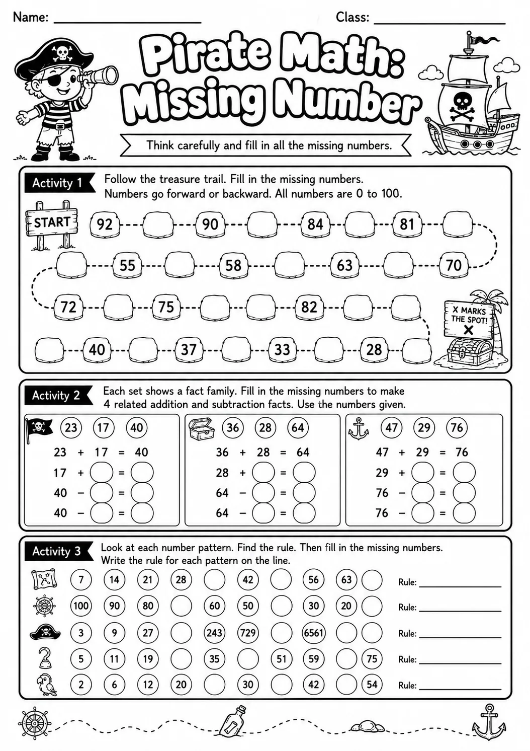 Pirate Math: Number Sequences Worksheet Pack page 9 printable Pirate Math preview