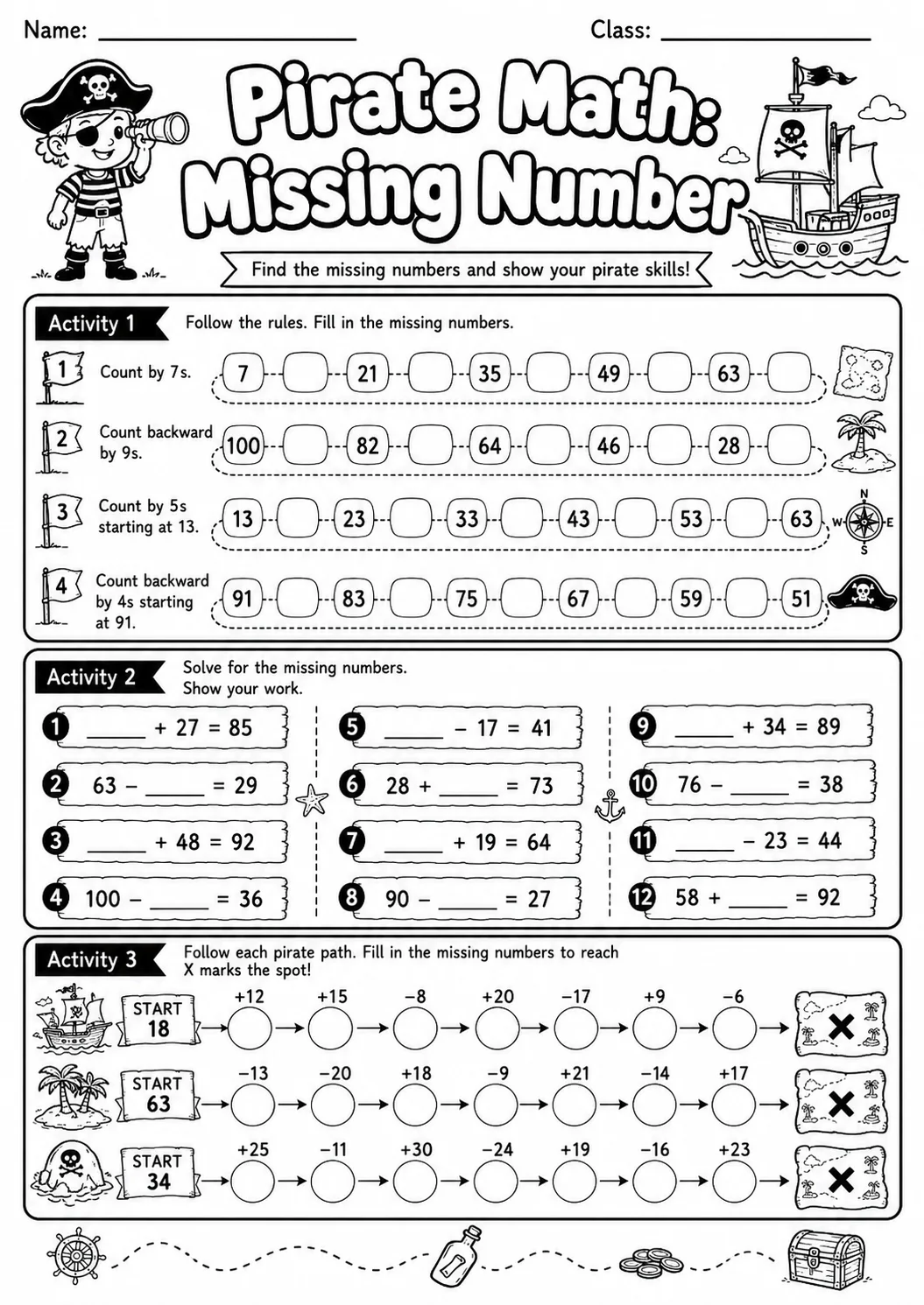 Pirate Math: Number Sequences Worksheet Pack page 10 printable Pirate Math preview