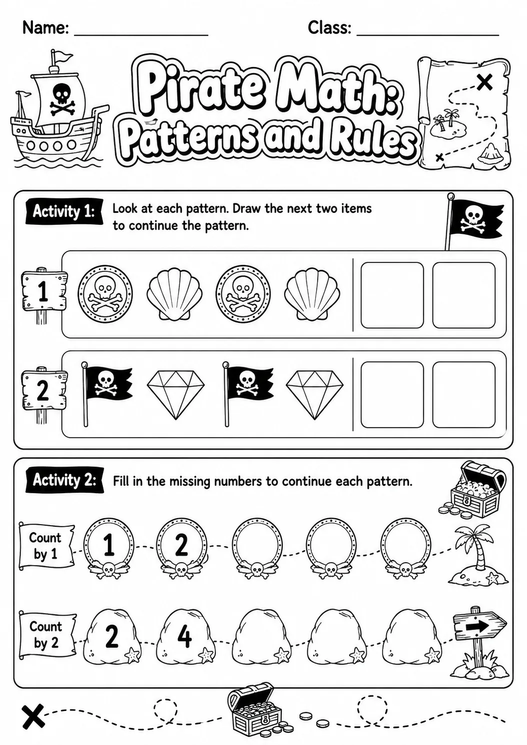 Pirate Math: Picture Sequences Worksheet Pack printable Pirate Math worksheet preview from KiwiBee