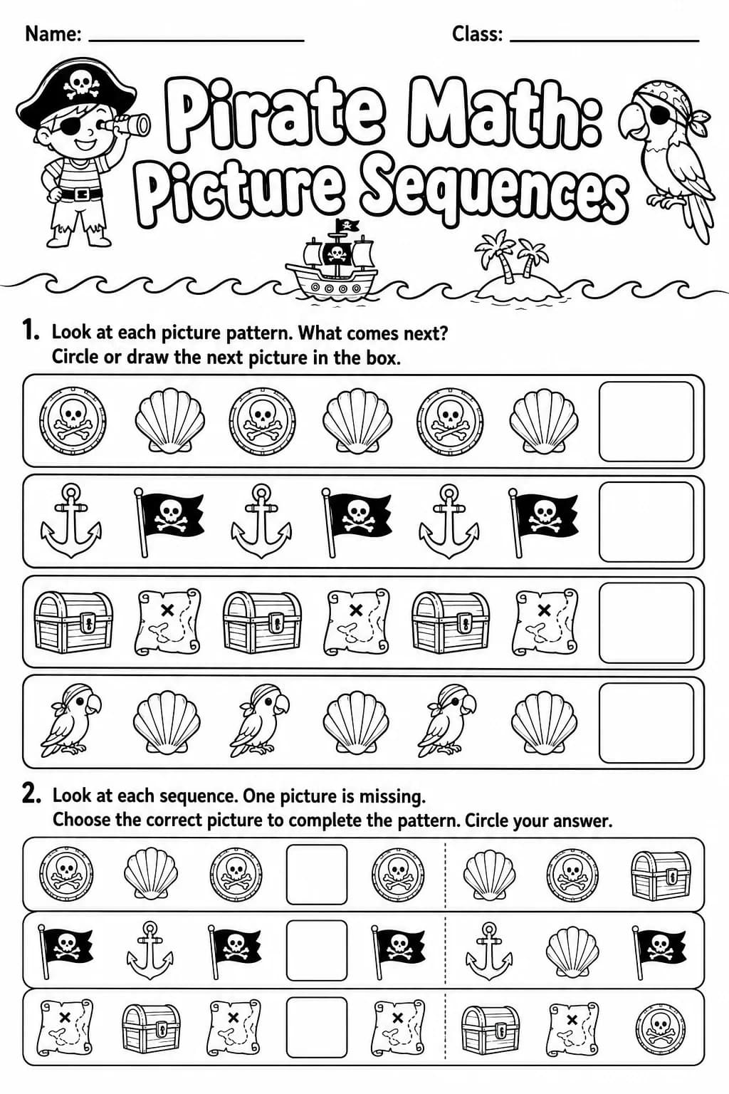 Pirate Math: Picture Sequences Worksheet Pack printable Pirate Math worksheet preview from KiwiBee