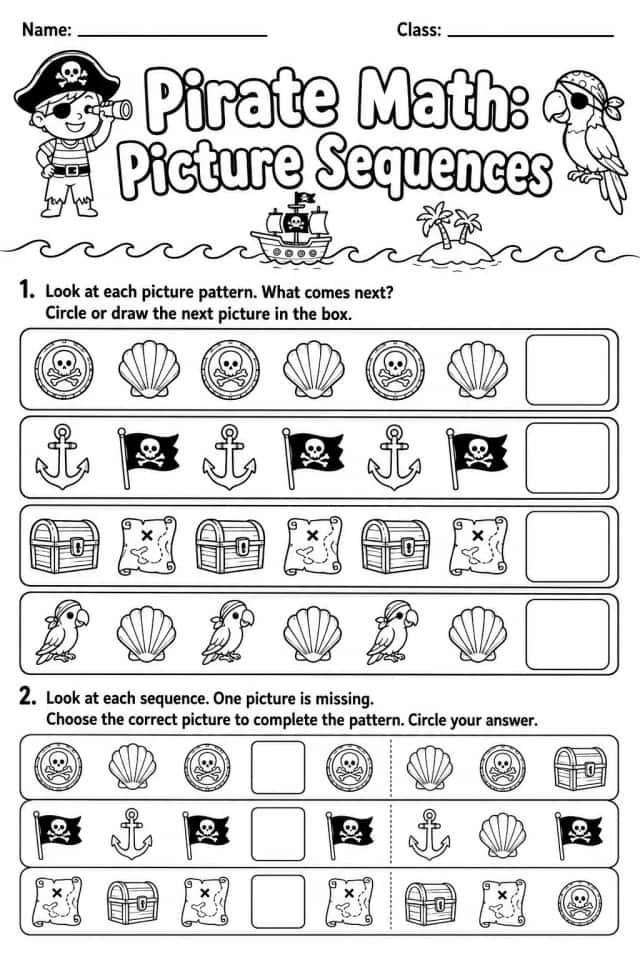 Pirate Math: Picture Sequences Worksheet Pack