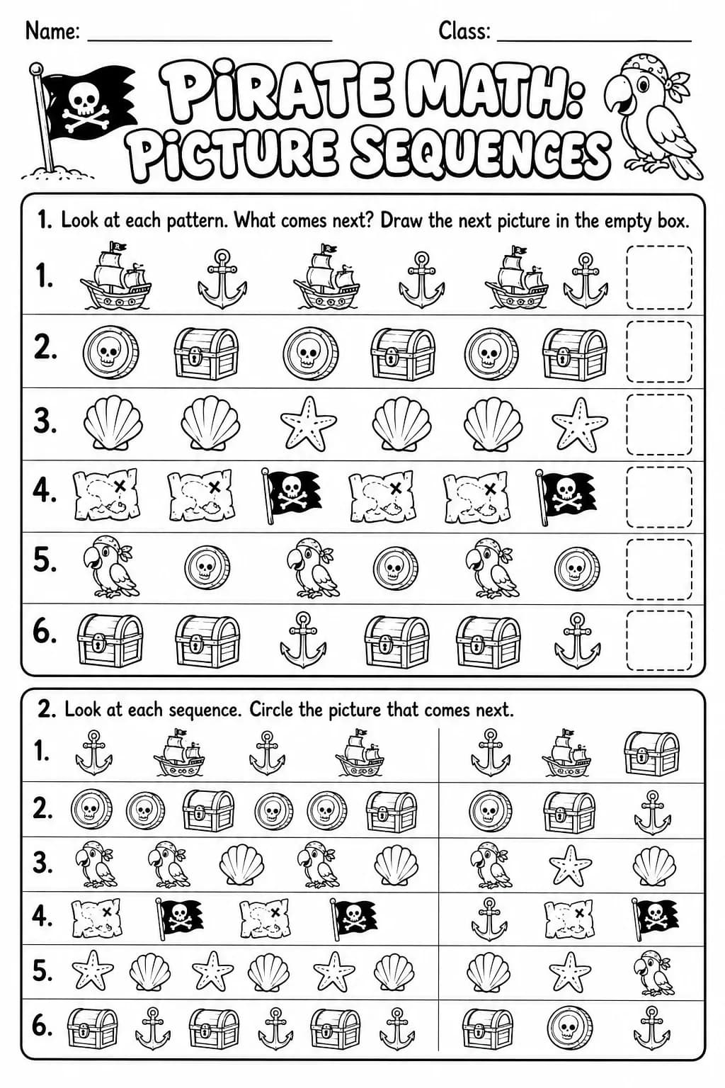 Pirate Math: Picture Sequences Worksheet Pack page 2 printable Pirate Math preview