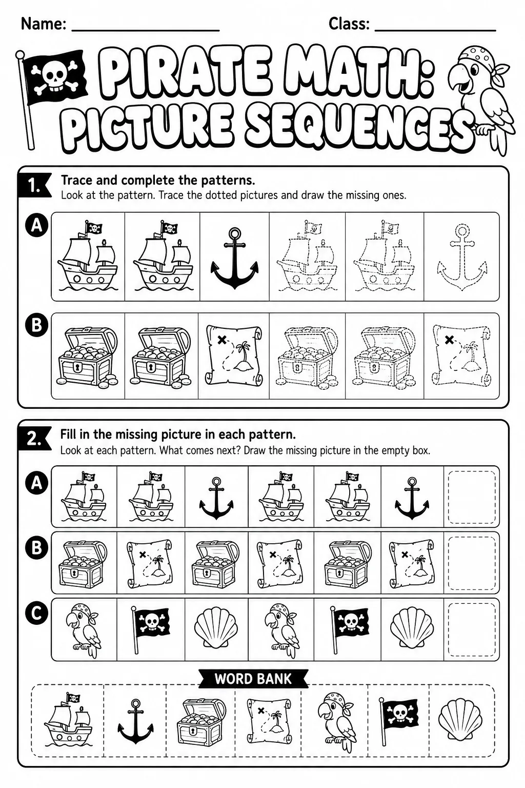 Pirate Math: Picture Sequences Worksheet Pack page 3 printable Pirate Math preview