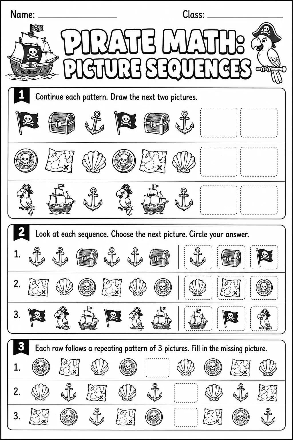 Pirate Math: Picture Sequences Worksheet Pack page 5 printable Pirate Math preview
