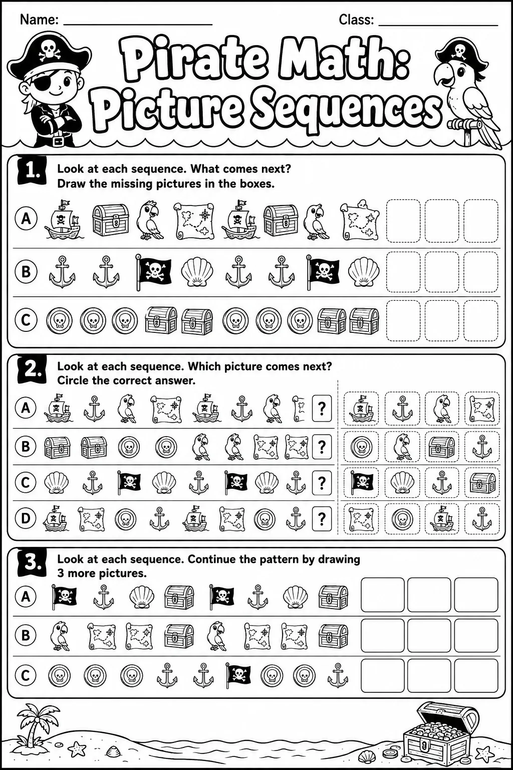 Pirate Math: Picture Sequences Worksheet Pack page 7 printable Pirate Math preview