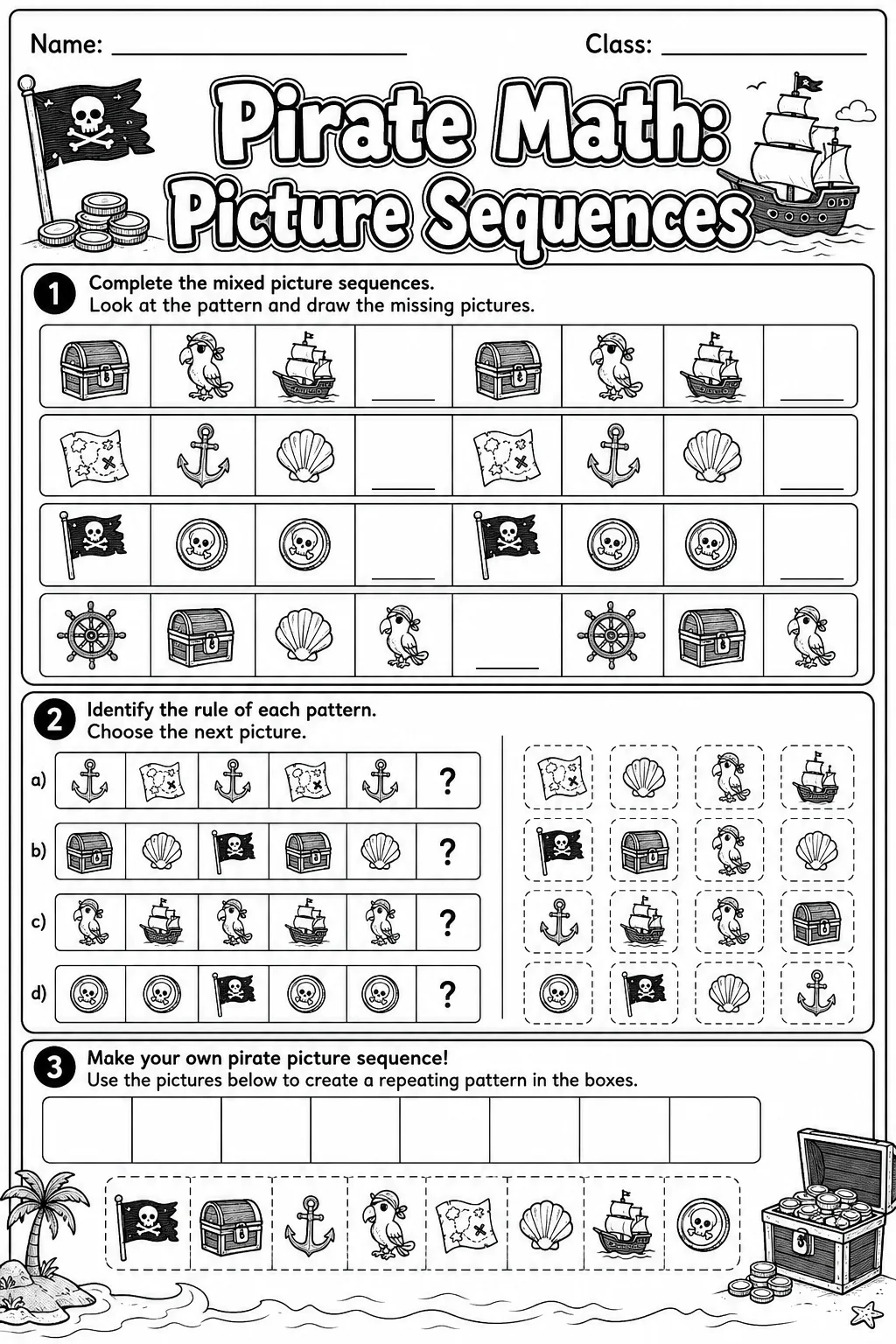 Pirate Math: Picture Sequences Worksheet Pack page 8 printable Pirate Math preview