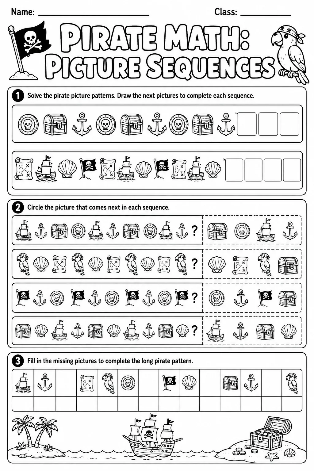 Pirate Math: Picture Sequences Worksheet Pack page 9 printable Pirate Math preview