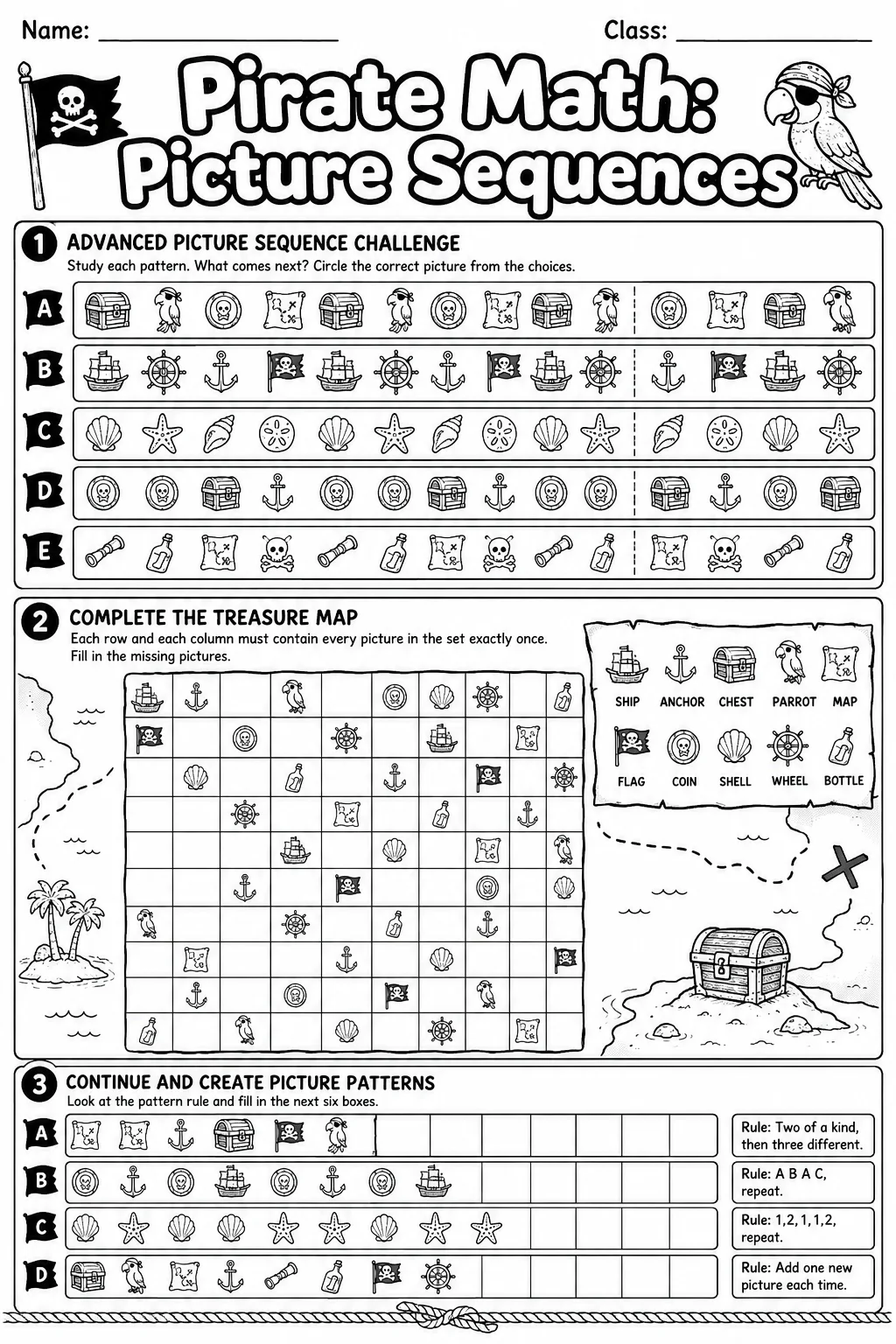 Pirate Math: Picture Sequences Worksheet Pack page 10 printable Pirate Math preview