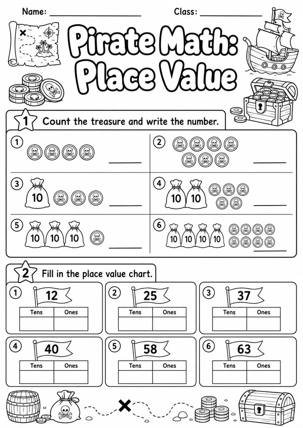 Pirate Math: Place Value Worksheet printable Pirate Math worksheet preview from KiwiBee