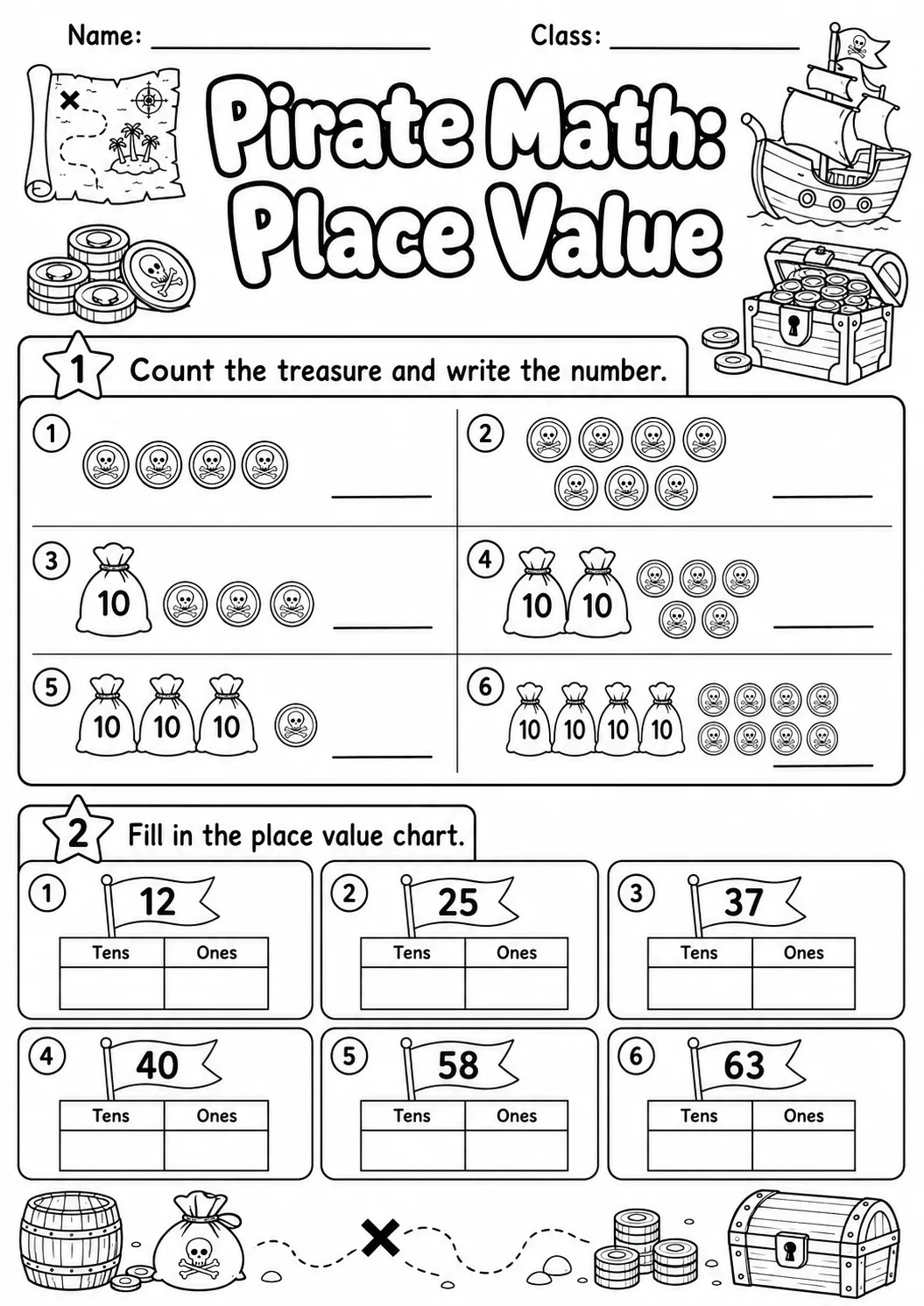 Pirate Math: Place Value Worksheet printable Pirate Math worksheet preview from KiwiBee