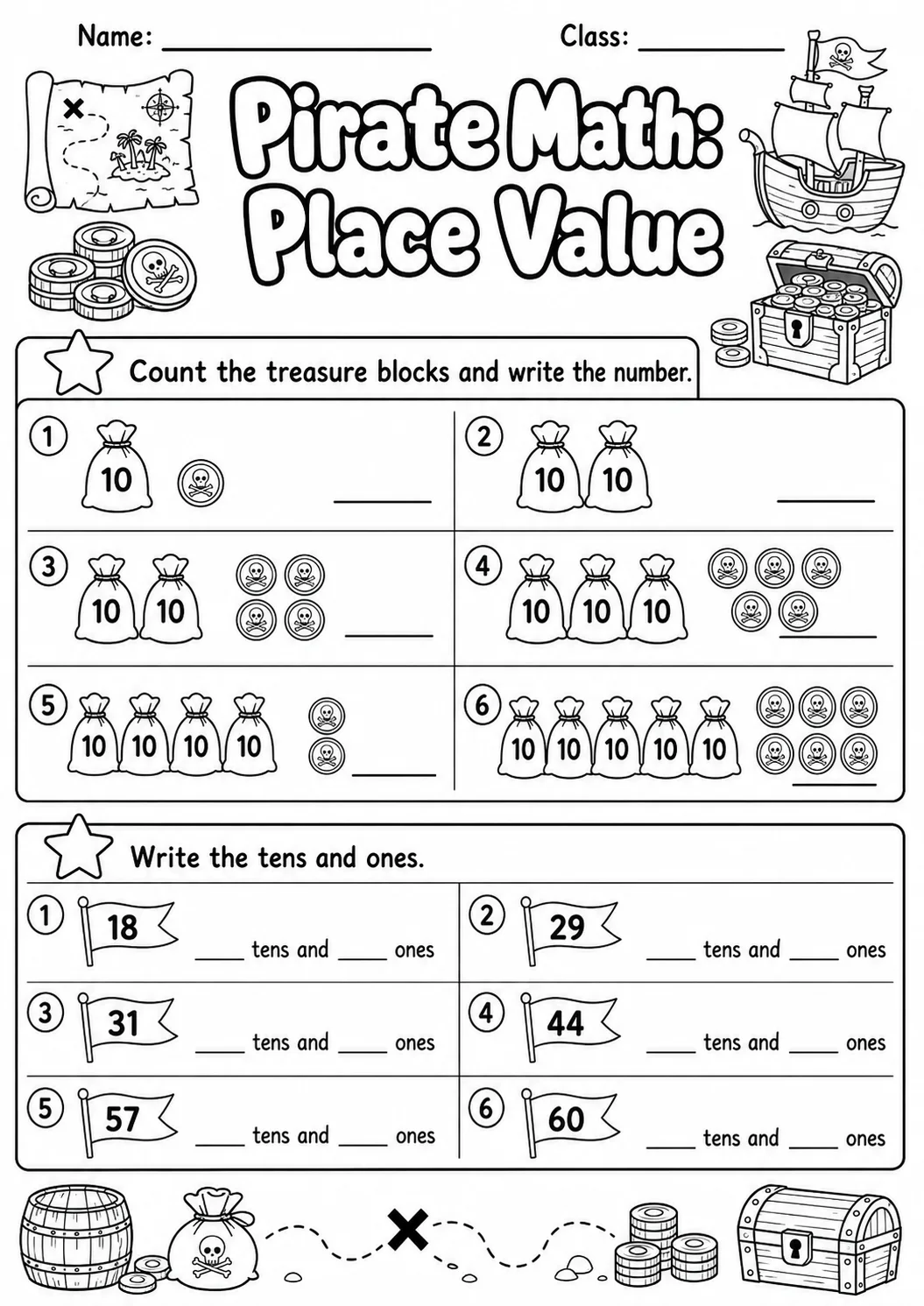 Pirate Math: Place Value Worksheet printable Pirate Math worksheet preview from KiwiBee