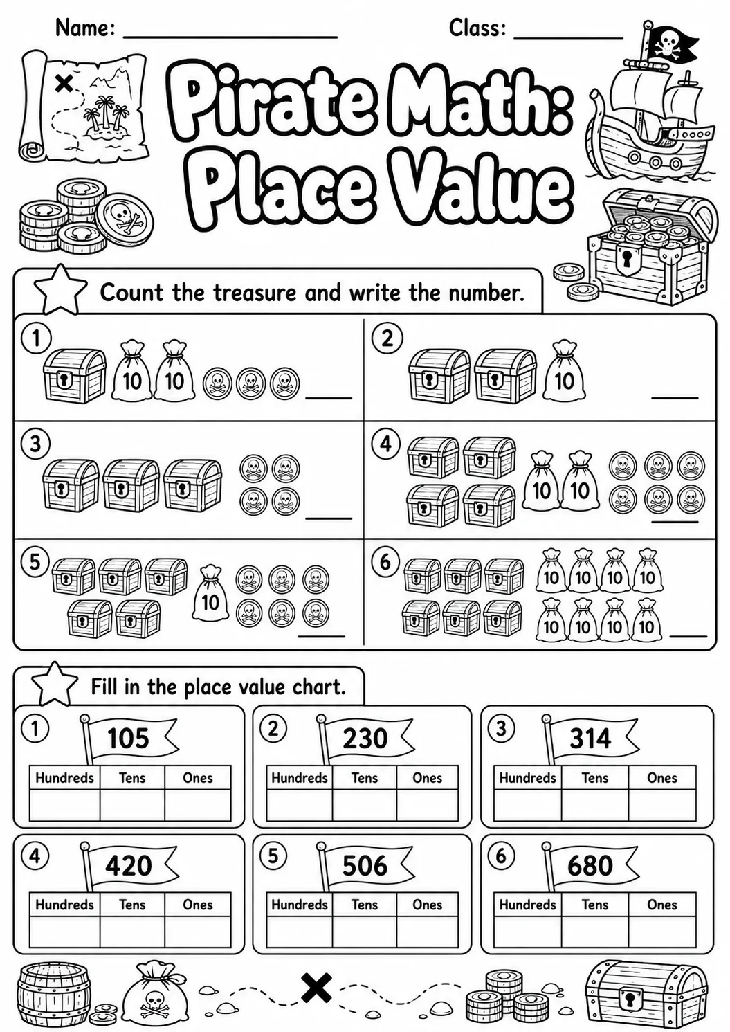 Pirate Math: Place Value Worksheet printable Pirate Math worksheet preview from KiwiBee
