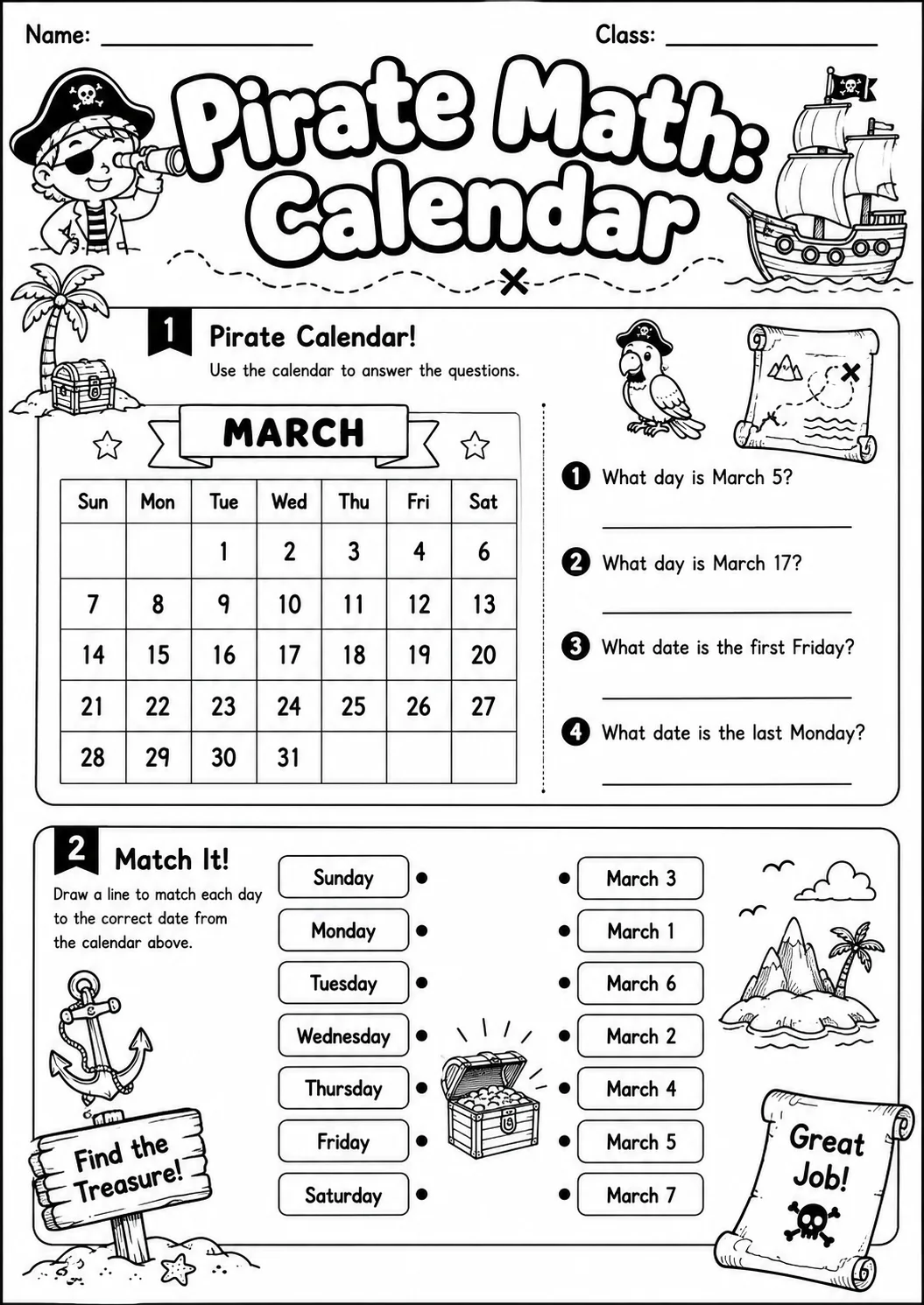 Pirate Math: Position and Direction Worksheet Pack page 3 printable Pirate Math preview