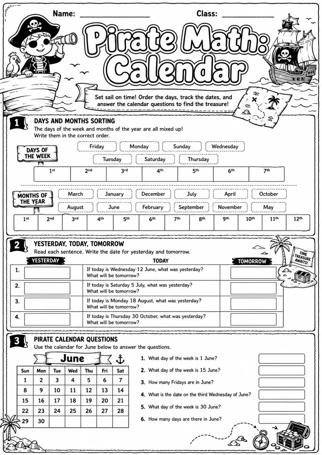 Pirate Math: Position and Direction Worksheet Pack page 4 printable Pirate Math preview