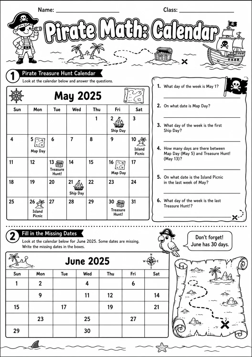 Pirate Math: Position and Direction Worksheet Pack page 5 printable Pirate Math preview