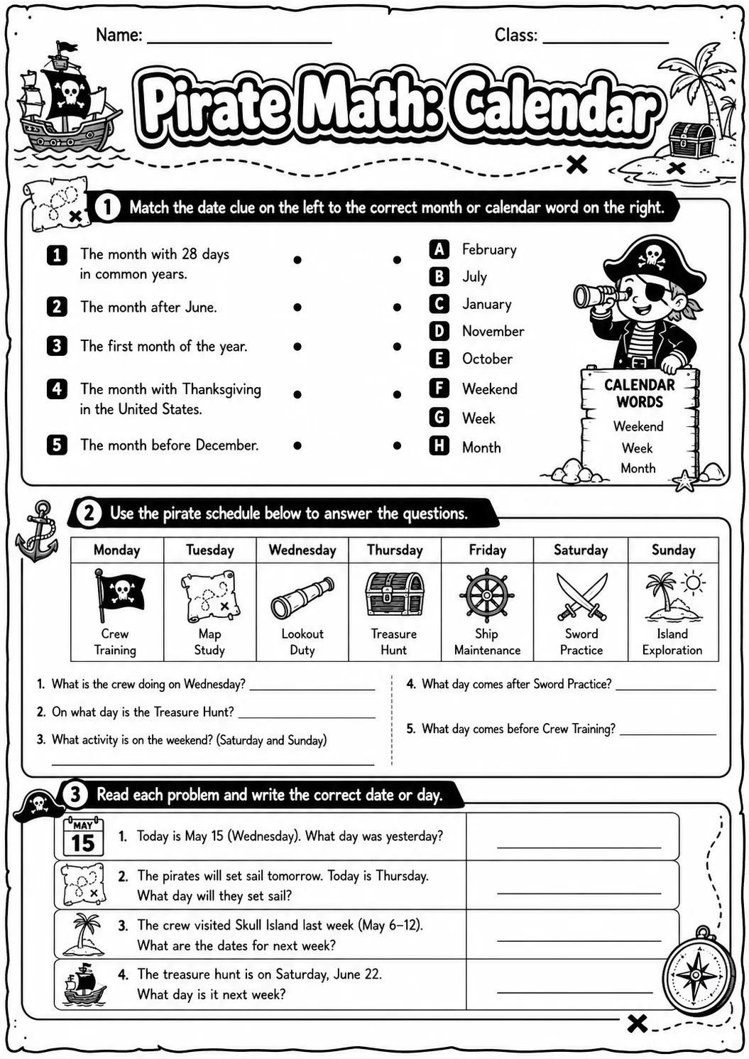 Pirate Math: Position and Direction Worksheet Pack page 6 printable Pirate Math preview
