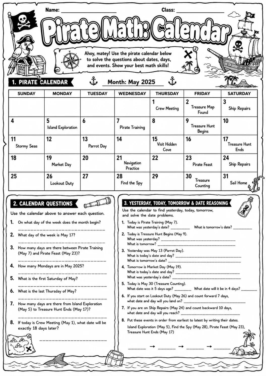 Pirate Math: Position and Direction Worksheet Pack page 7 printable Pirate Math preview