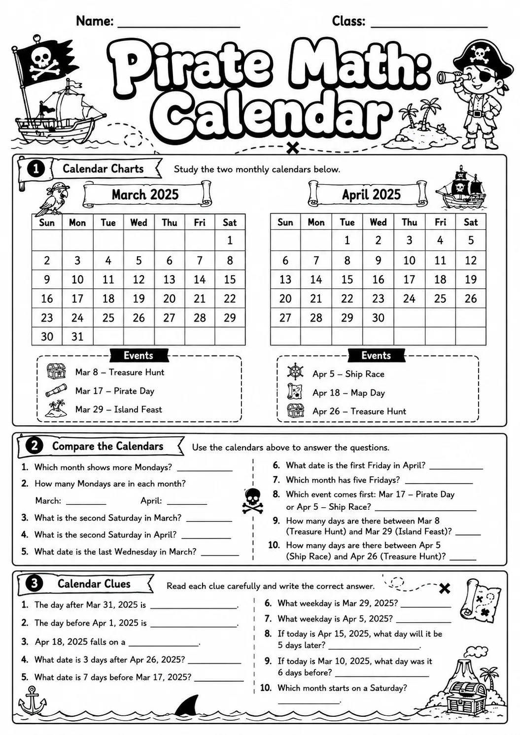 Pirate Math: Position and Direction Worksheet Pack page 8 printable Pirate Math preview