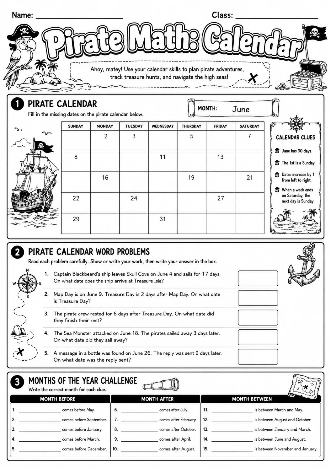 Pirate Math: Position and Direction Worksheet Pack page 9 printable Pirate Math preview
