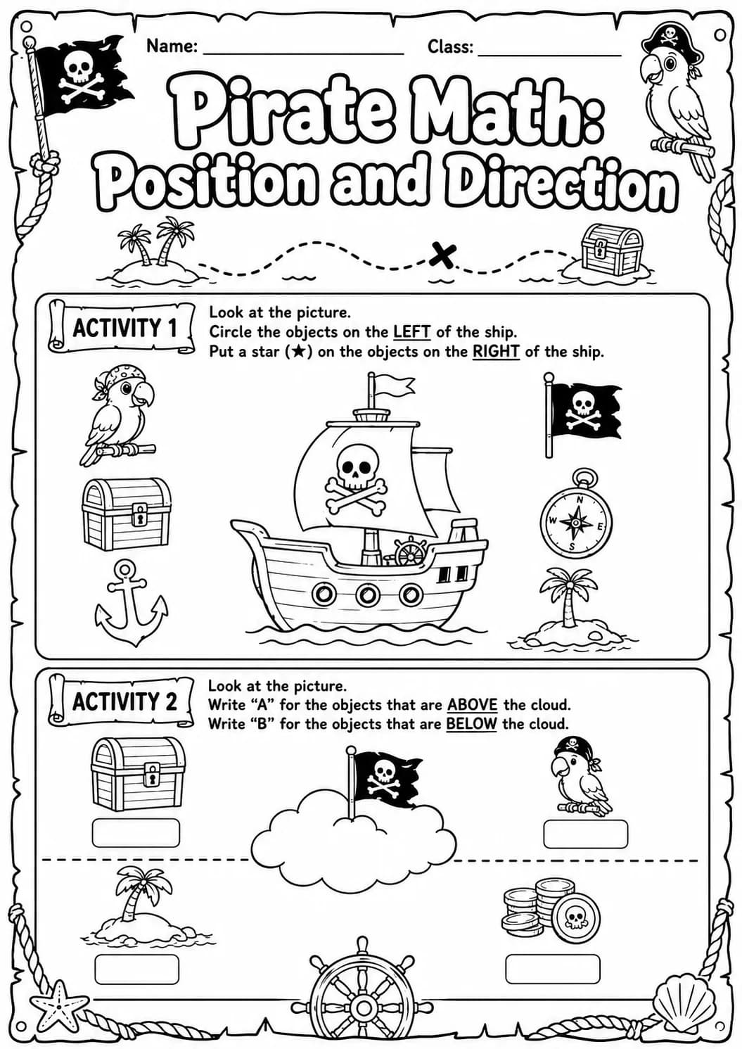 Pirate Math: Position and Direction Worksheet Pack printable Pirate Math worksheet preview from KiwiBee