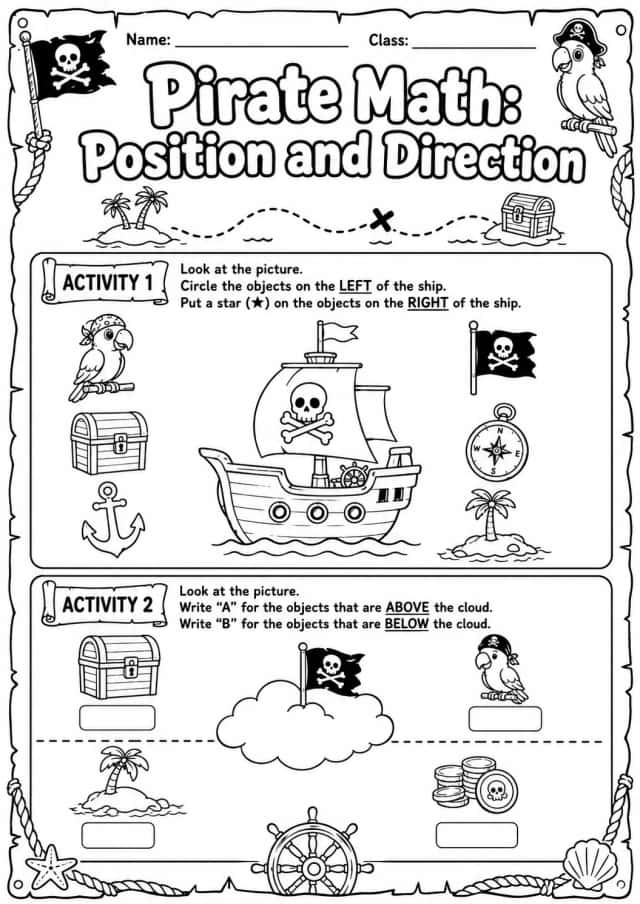 Pirate Math: Position and Direction Worksheet Pack
