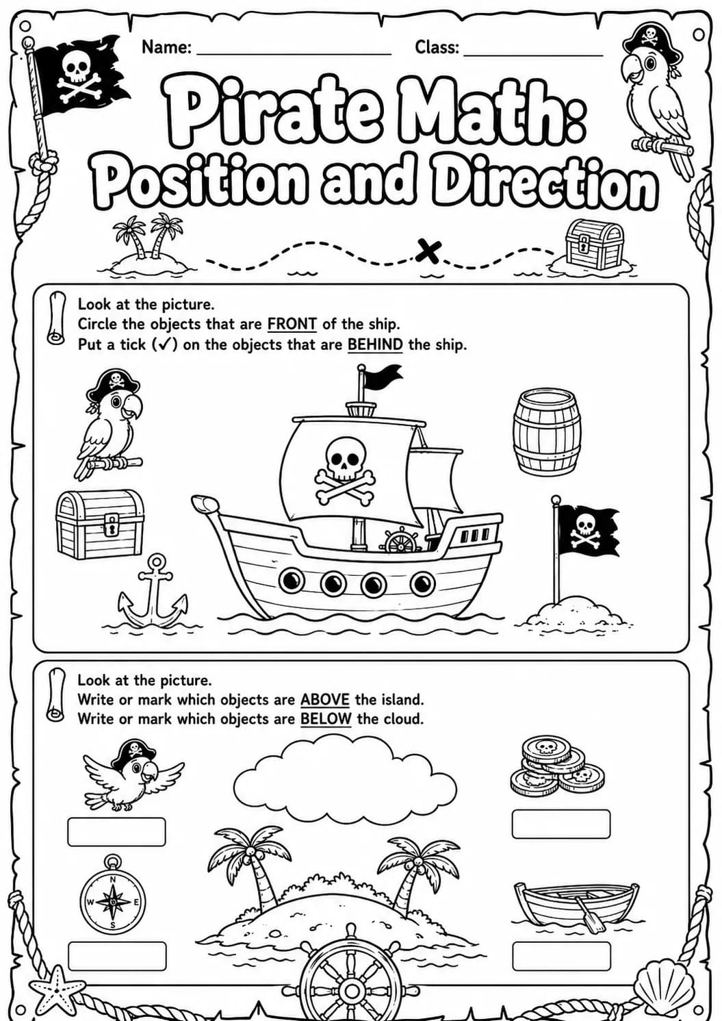 Pirate Math: Position and Direction Worksheet Pack page 2 printable Pirate Math preview