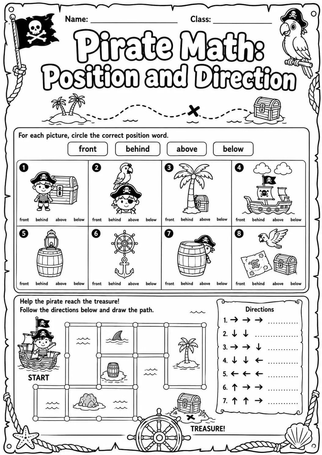 Pirate Math: Position and Direction Worksheet Pack page 6 printable Pirate Math preview