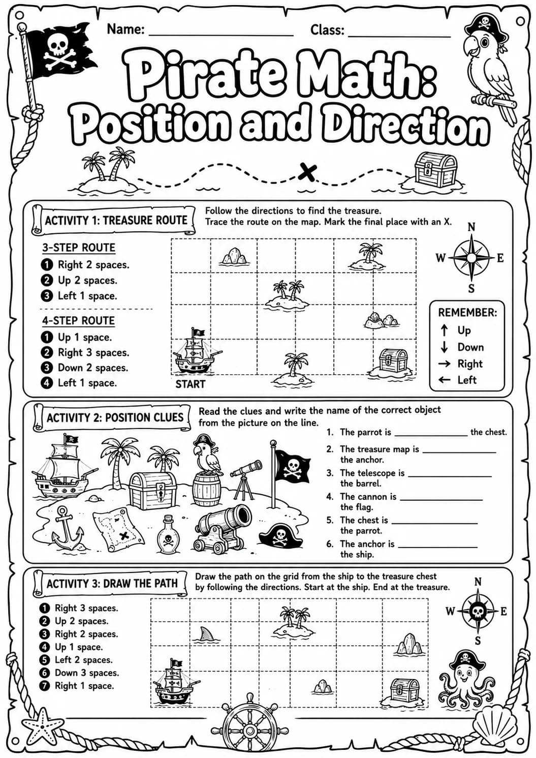 Pirate Math: Position and Direction Worksheet Pack page 7 printable Pirate Math preview