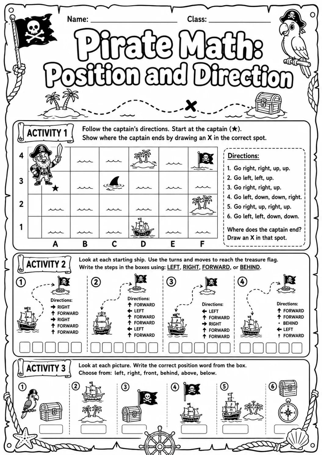 Pirate Math: Position and Direction Worksheet Pack page 8 printable Pirate Math preview