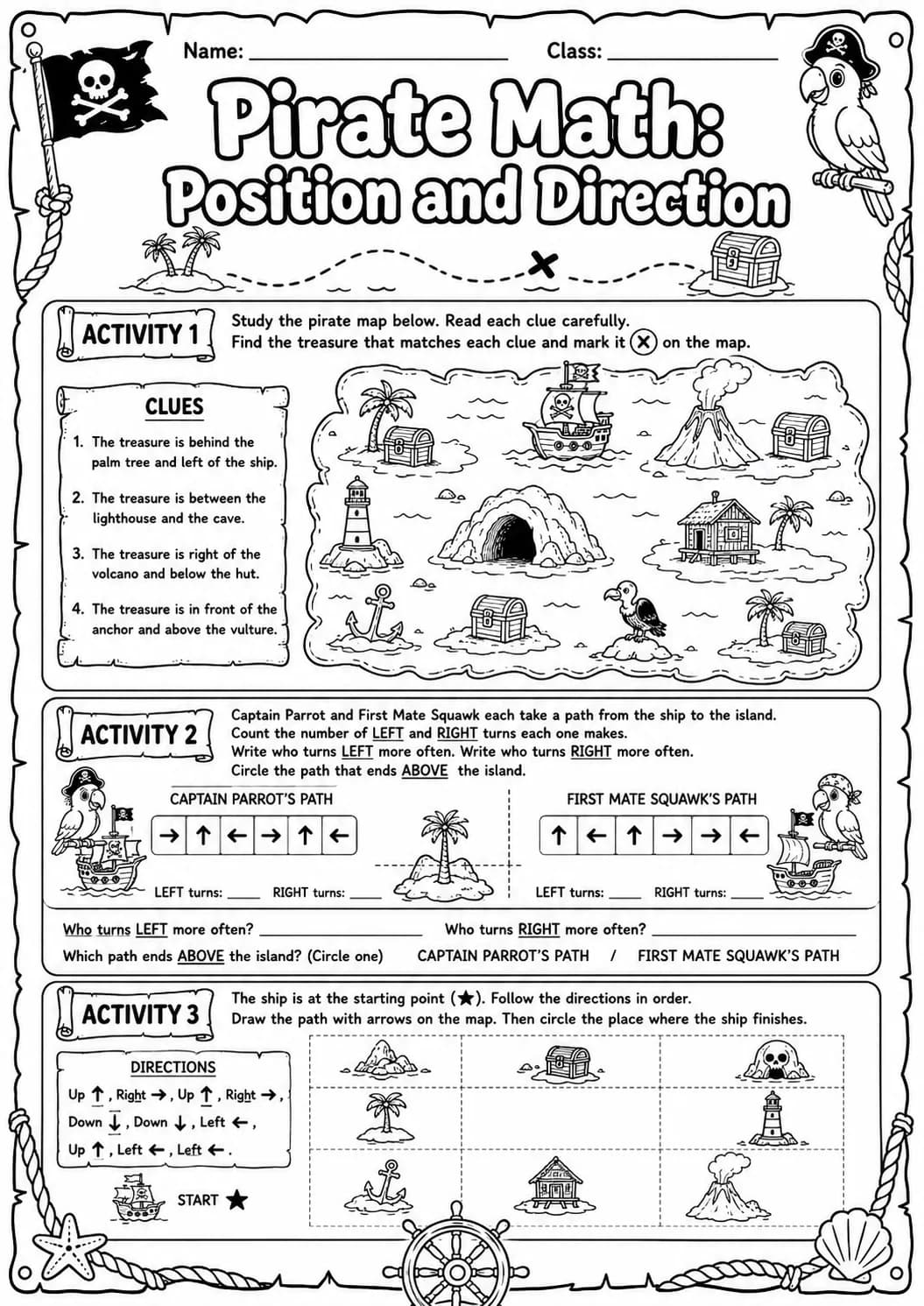 Pirate Math: Position and Direction Worksheet Pack page 9 printable Pirate Math preview