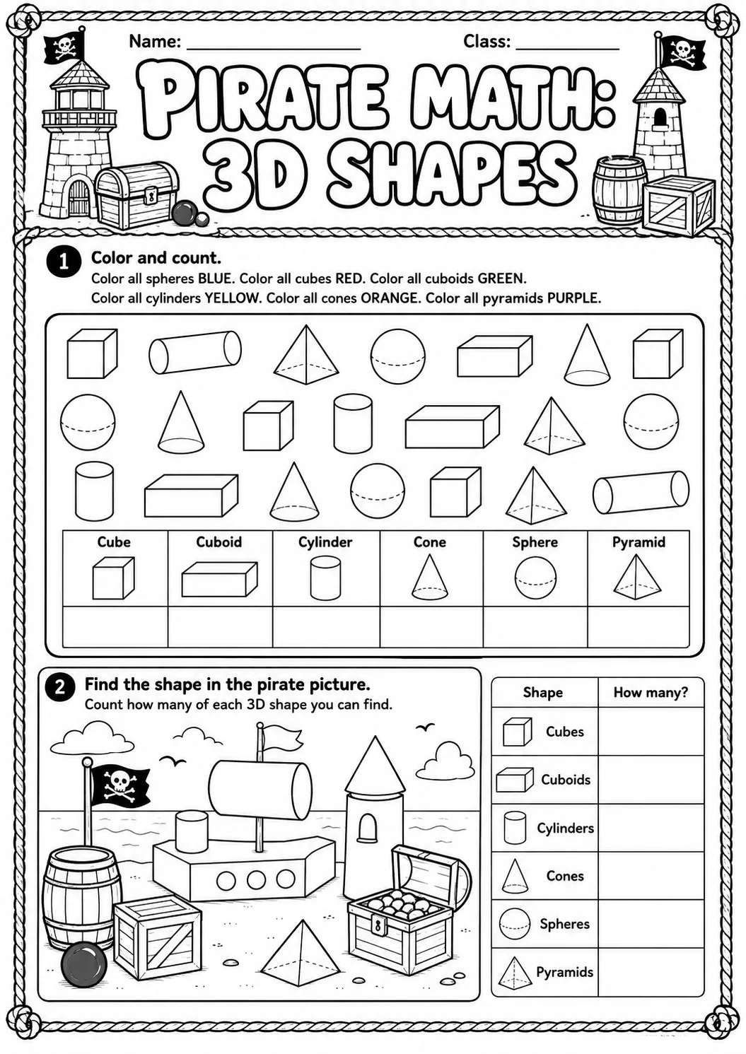 Pirate Math: Shapes Worksheet Pack page 3 printable Pirate Math preview