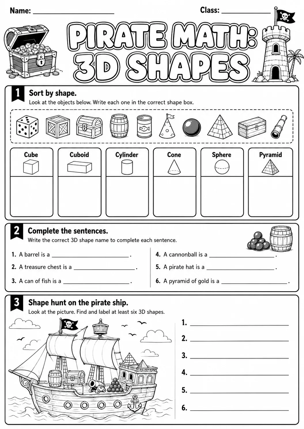 Pirate Math: Shapes Worksheet Pack page 6 printable Pirate Math preview