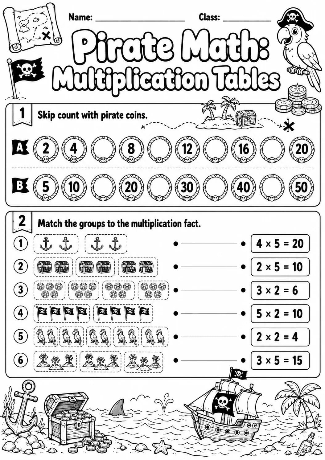 Pirate Math: Skip Counting Worksheet Pack printable Pirate Math worksheet preview from KiwiBee