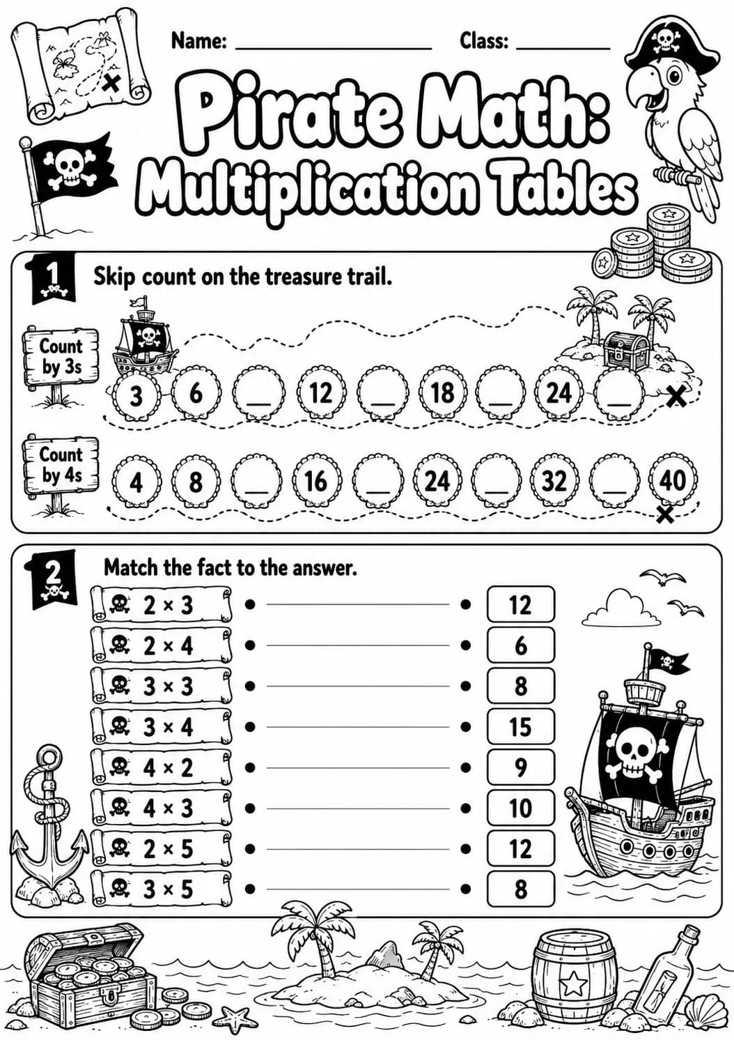 Pirate Math: Skip Counting Worksheet Pack page 2 printable Pirate Math preview
