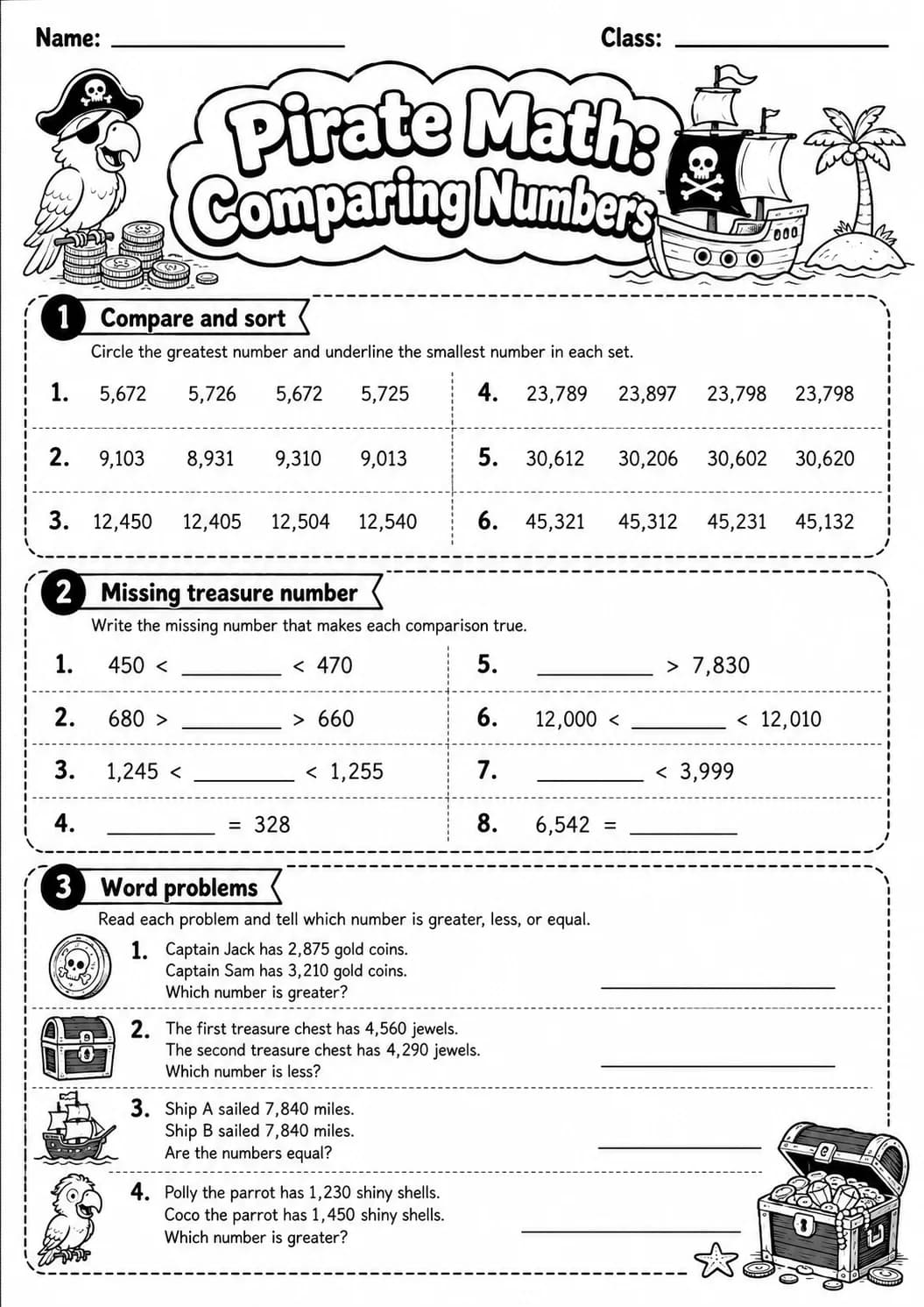 Pirate Math: Word Problems Worksheet printable Pirate Math worksheet preview from KiwiBee