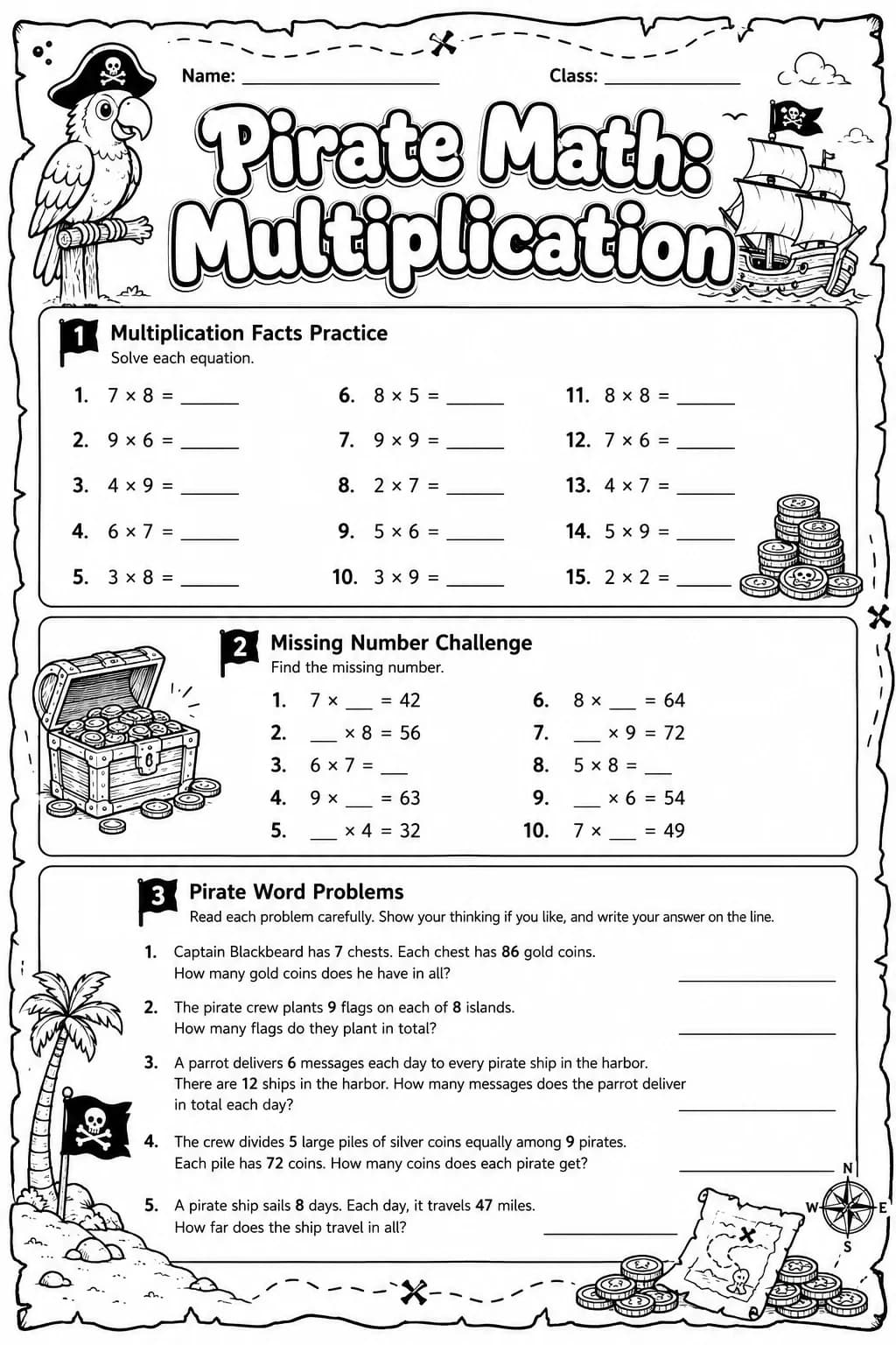 Pirate Math: Word Problems Worksheet Pack page 7 printable Pirate Math preview